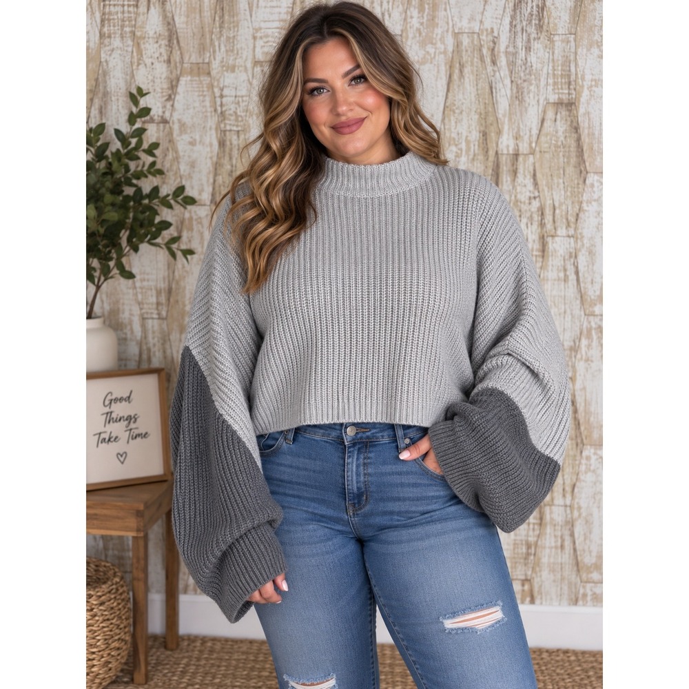PrettyLittleThing Plus XXL Gray Black Colorblock Ribbed Knit Crop Sweater